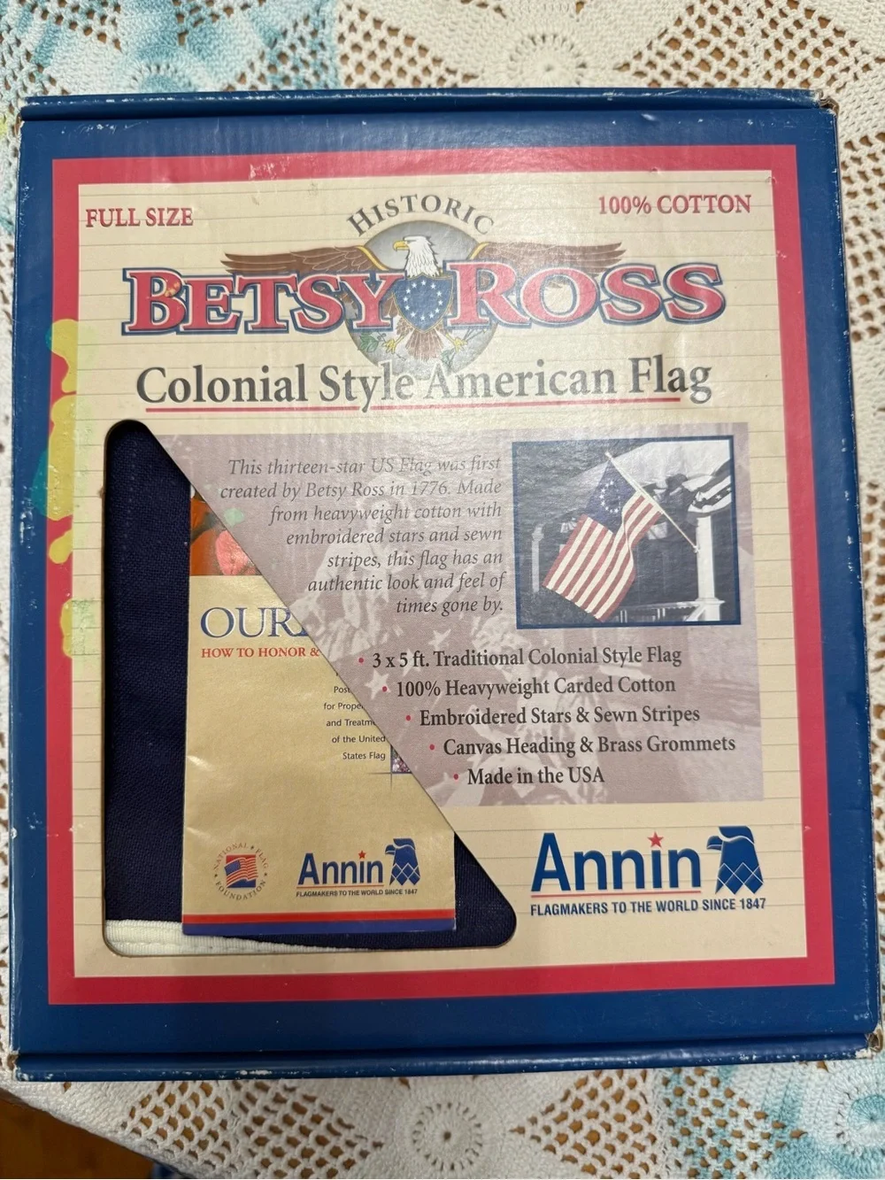Annin Betsy Ross Colonial American Flag 3x5 ft Cotton Vintage Style Decor NIB
